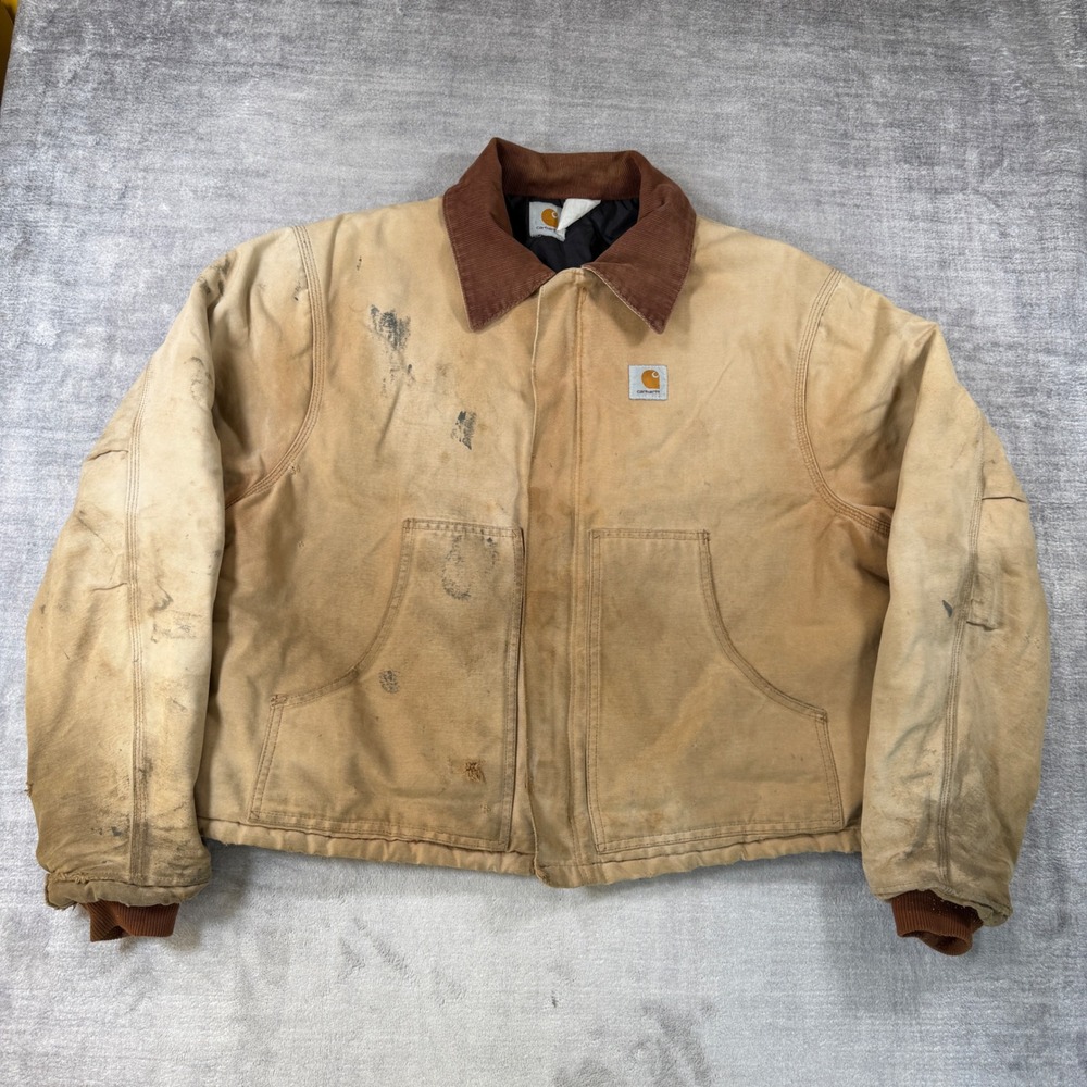 Carhartt Jacket Mens XL Tan Brown Distressed Duck Canvas Quilt Lined J02 Detroit